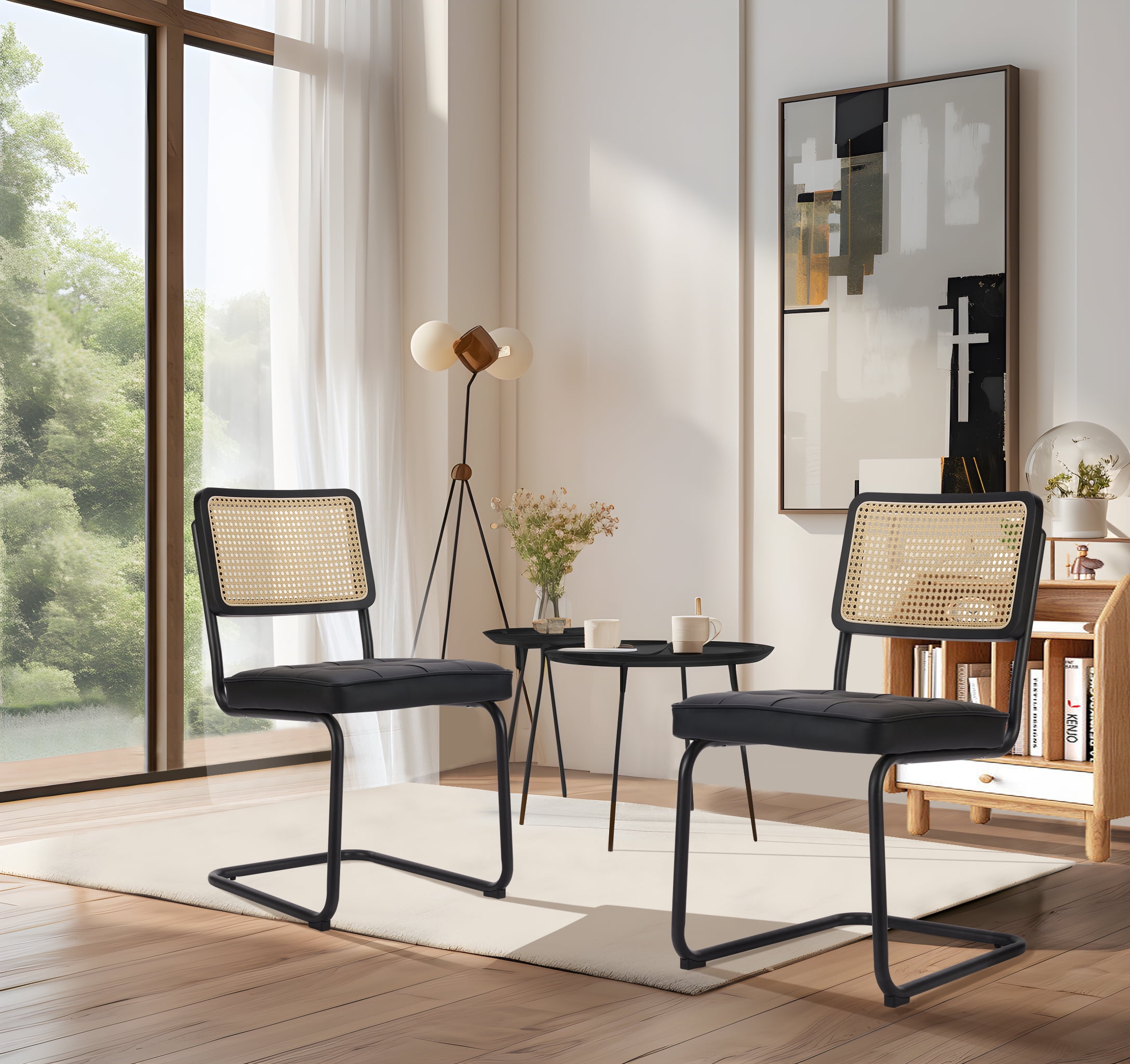 COLAMY Rattan Dining Chairs Set of 2, PU Leather Mid Century Modern Dining Room Kitchen Side ...