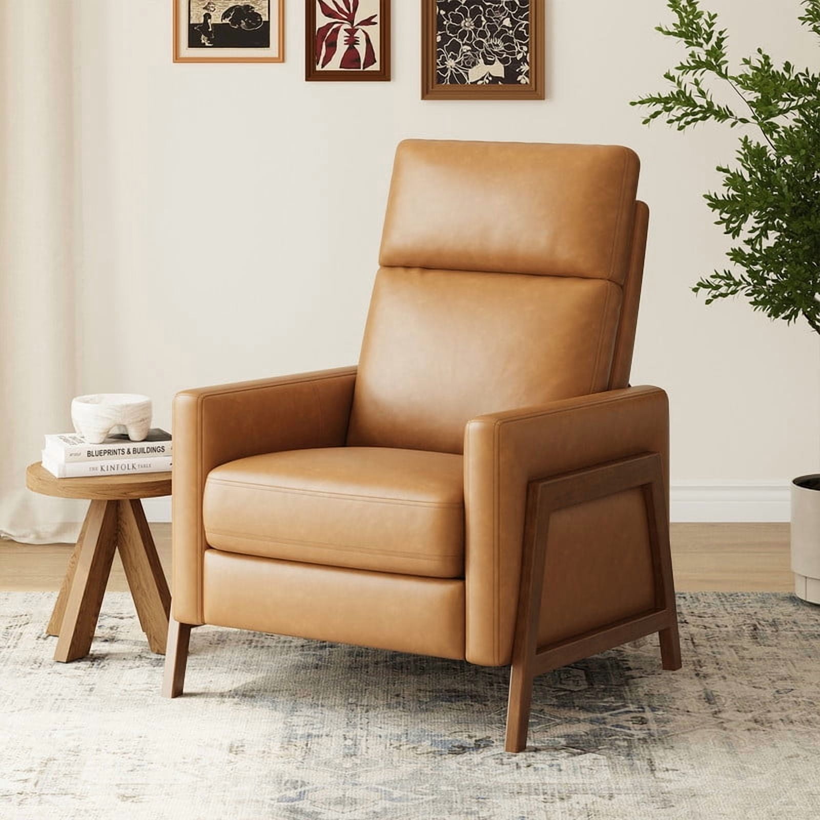 COLAMY Recliner Chair for Living Room, Brown Mid-Century Modern Push Back Recliner, Faux Leather Accent Armchair with Solid Wood Legs and Padded Seat for Small Spaces, Reading Chair