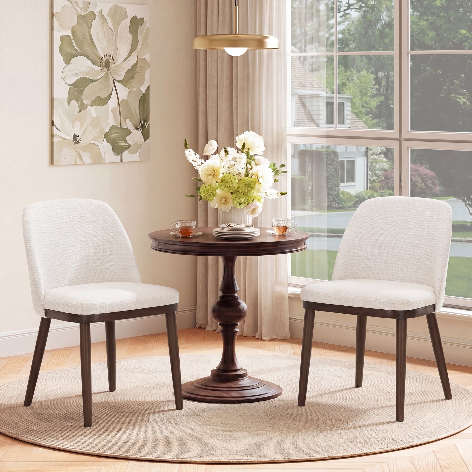 Modern Upholstered Dining Chairs Set of 2 — Fabric Padded Side Chairs with Solid Wood Legs for Kitchens and Dining Rooms, Beige