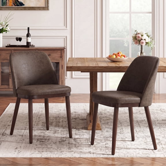 Modern Upholstered Dining Chairs Set of 2 — Faux Leather Padded Side Chairs with Solid Wood Legs for Kitchens and Dining Rooms, Darkbrown