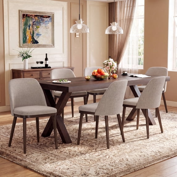 AFO Fabric Upholstered Dining Chairs Set of 6, Modern Padded Kitchen Chairs with Ergonomic Curved Back & Solid Wood Legs, For Dining Room & Kitchen, Camel