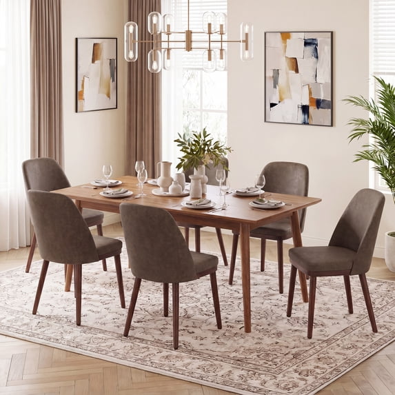 Modern Upholstered Dining Chairs Set of 6 — Faux Leather Padded Side Chairs with Solid Wood Legs, Ideal for Kitchens and Dining Rooms,Darkbrown