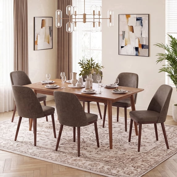 AFO Faux Leather Upholstered Dining Chairs Set of 6, Modern Padded Kitchen Chairs with Ergonomic Curved Back & Solid Wood Legs, For Dining Room & Kitchen, Dark Brown