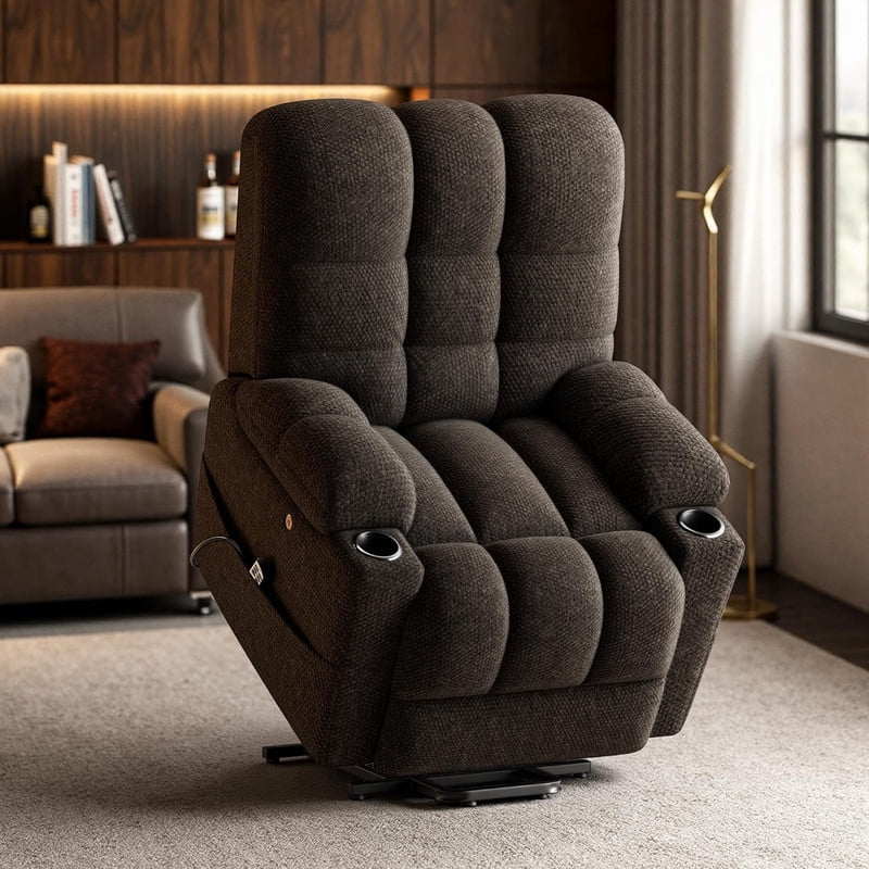 COLAMY Serene Dual Motors Power Lift Recliner Chair with Massage and Heat for Elderly People, Independent Adjustable Backrest Headrest, Extended Footrest，USB Charging Ports and Cup Holders, Coffee