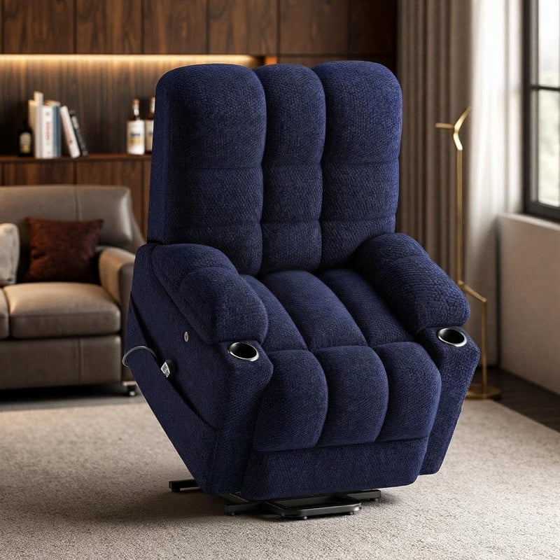 COLAMY Serene Dual Motors Power Lift Recliner Chair with Massage and Heat for Elderly People, Independent Adjustable Backrest Headrest, Extended Footrest，USB Charging Ports and Cup Holders, Blue