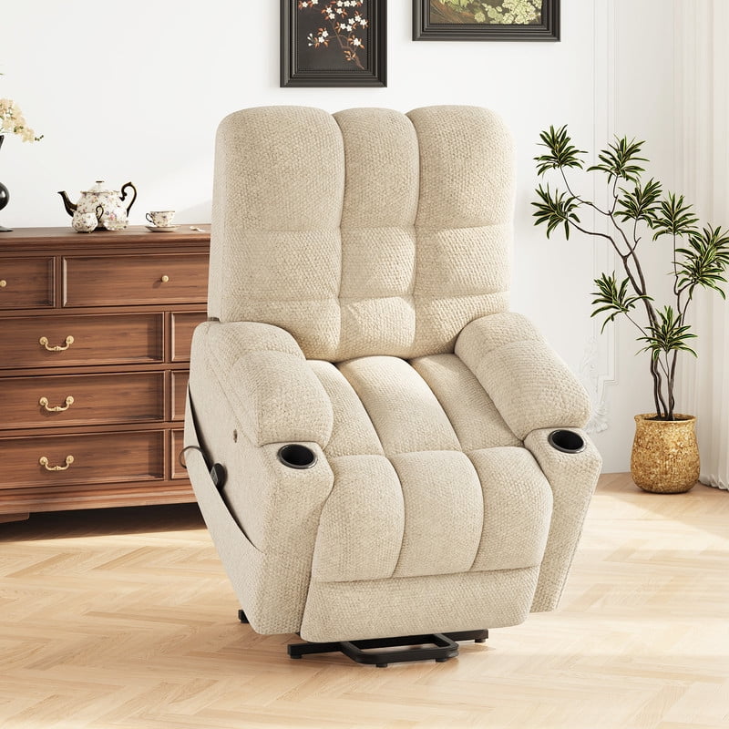 COLAMY Serene Dual Motors Power Lift Recliner Chair with Massage and Heat for Elderly People, Independent Adjustable Backrest Headrest, Extended Footrest，USB Charging Ports and Cup Holders, Beige