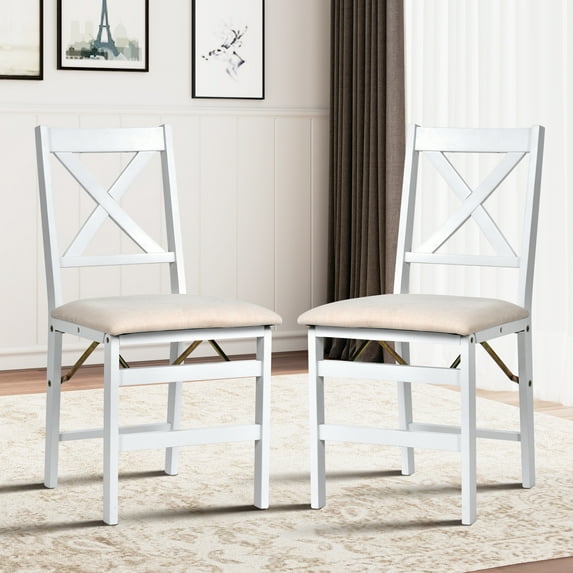 COLAMY Foldable Wooden Dining Chairs with Cross Back Set of 4, Space Saving Padded Chairs, White