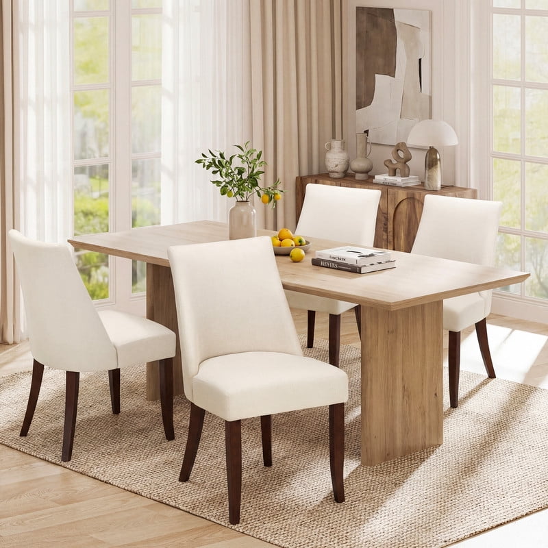 COLAMY Set of 4 Upholstered Dining Chairs, Modern Fabric Kitchen & Dining Room Chairs with Ergonomic High Back and Solid Wood Legs, Farmhouse Side Chairs, Beige