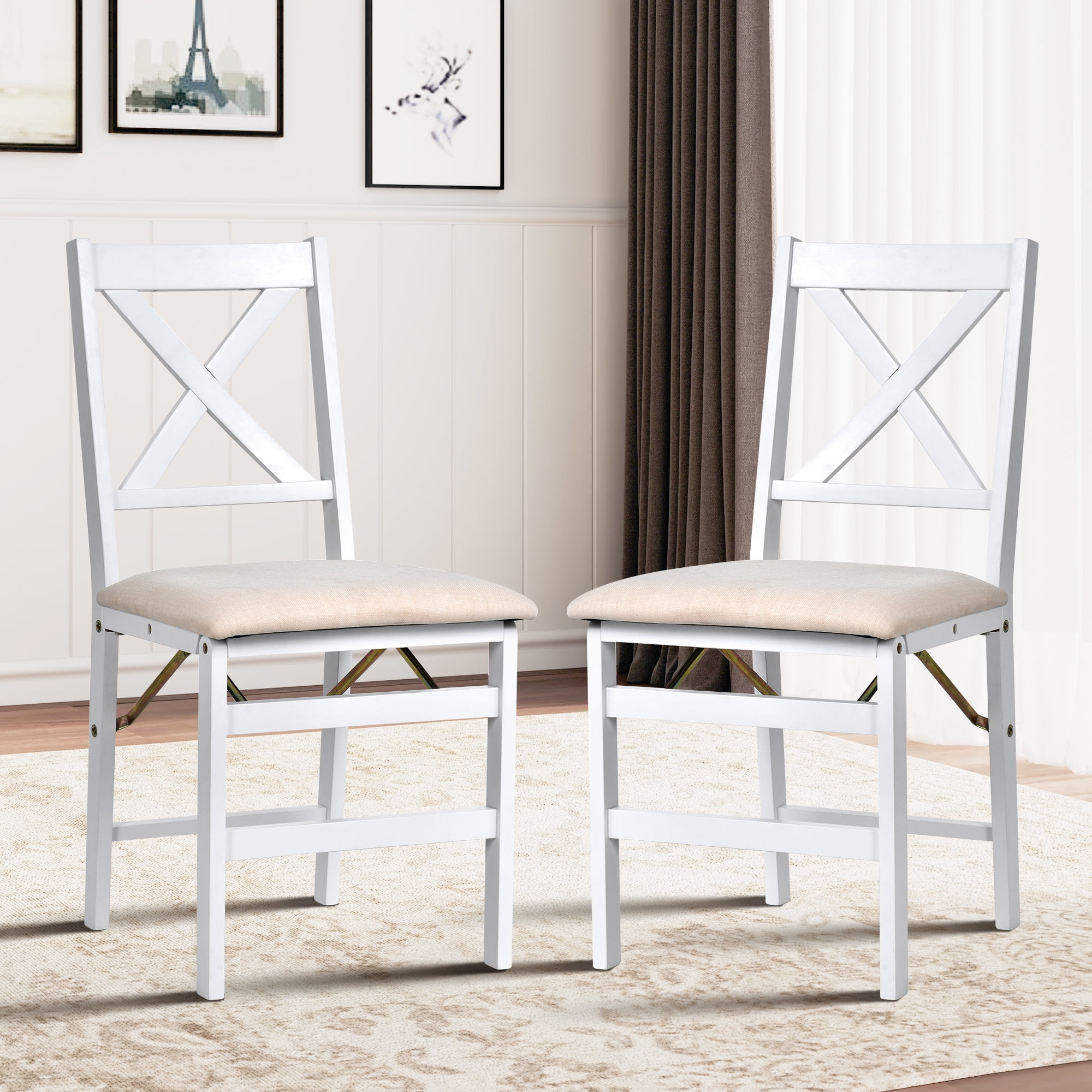 COLAMY Folding Dining Chairs Set Of 2 — Beige Upholstered, Mid-Century Modern, No Assembly, Space-Saving