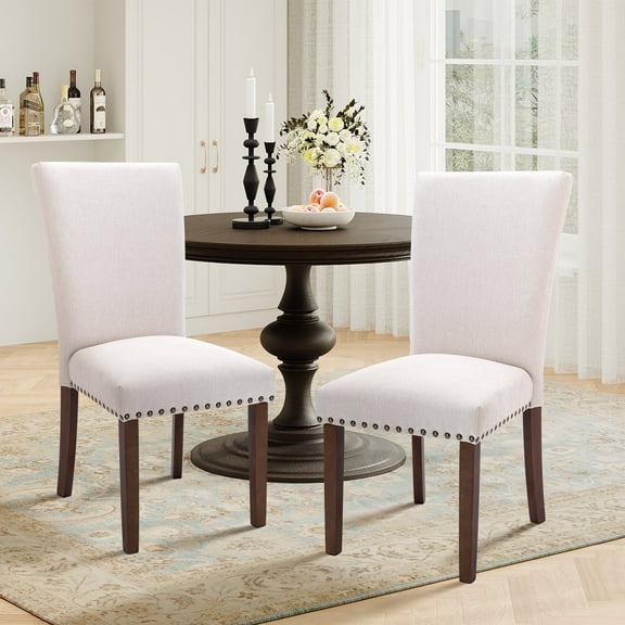 COLAMY Set of 2 Fabric Dining Chairs with Nailhead Detail and Wooden Legs, Upholstered Side Chairs for Kitchen and Dining Room – Beige