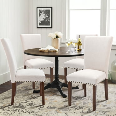 COLAMY Set of 2 Fabric Dining Chairs with Nailhead Detail and Wooden Legs, Upholstered Side Chairs for Kitchen and Dining Room – Beige