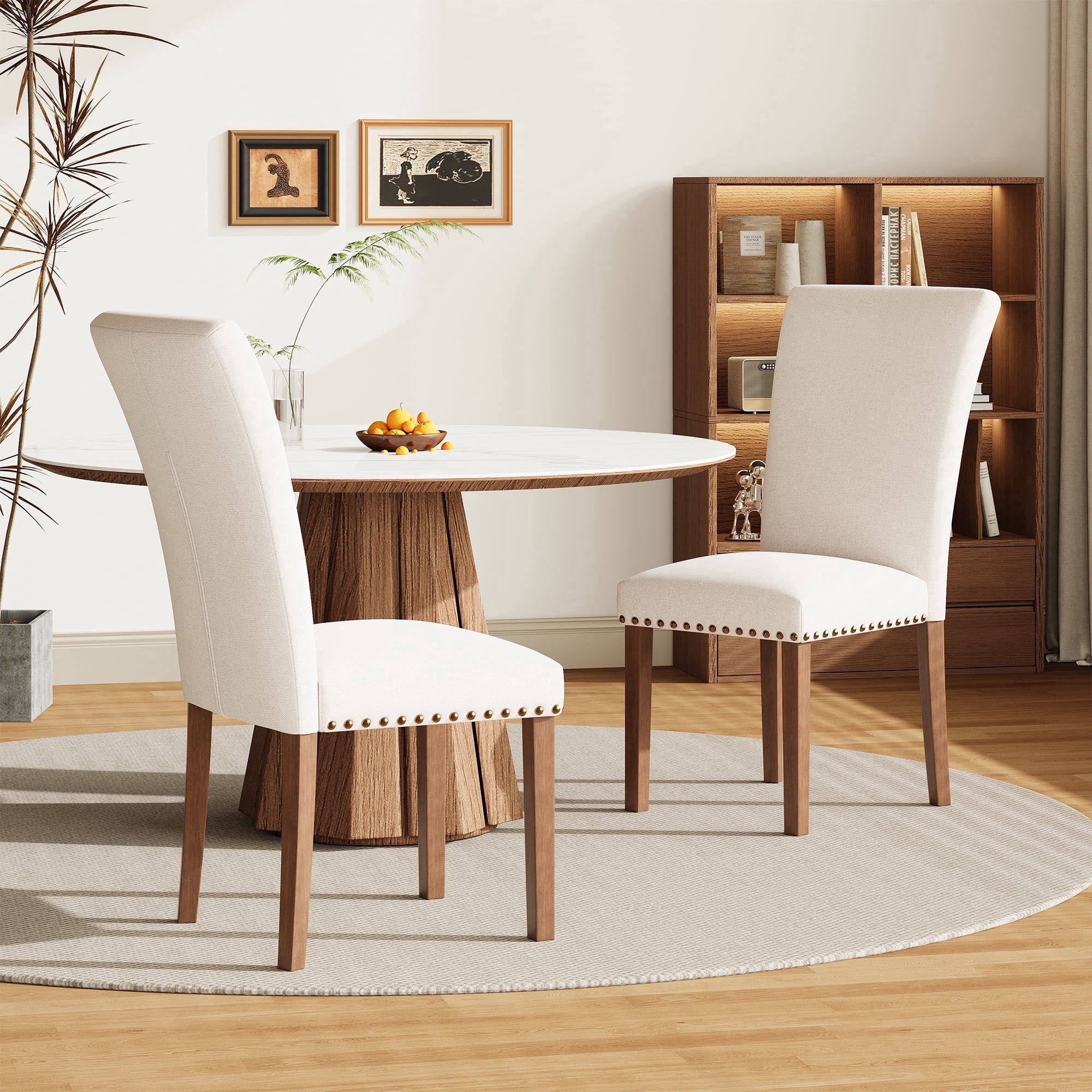 Mid-Century Fabric Dining Chairs with Nailhead Detail and Wooden Legs, Upholstered Side Chairs for Kitchen and Dining Room – Beige