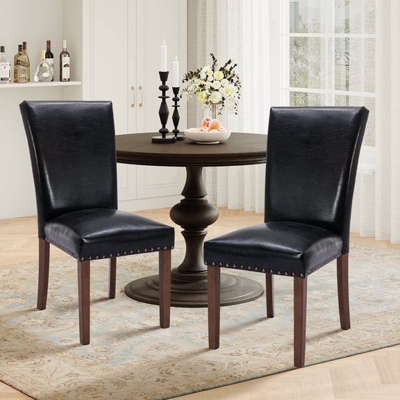 Mid-Century PU Dining Chairs Set of 2 with Nailhead Detail and Wooden Legs, Upholstered Side Chairs for Kitchen and Dining Room – Black