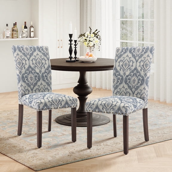 Mid-Century Fabric Dining Chairs Set of 2 with Nailhead Detail and Wooden Legs, Upholstered Side Chairs for Kitchen and Dining Room – Blue/White Flower