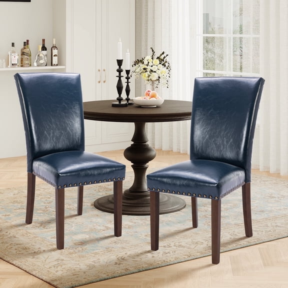 Mid-Century PU Dining Chairs Set of 2 with Nailhead Detail and Wooden Legs, Upholstered Side Chairs for Kitchen and Dining Room – Blue