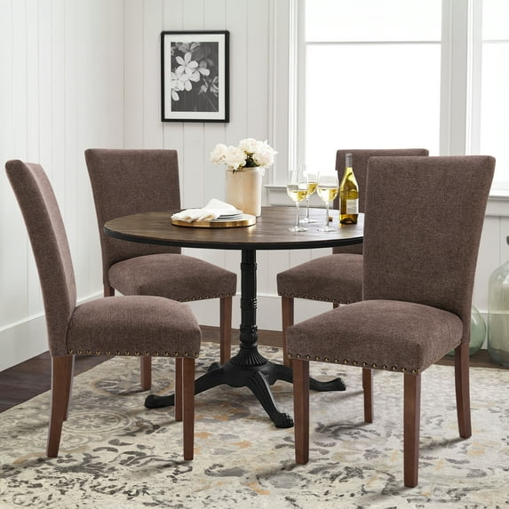 COLAMY Set of 2 Fabric Dining Chairs with Nailhead Detail and Wooden Legs, Upholstered Side Chairs for Kitchen and Dining Room – Darkbrown