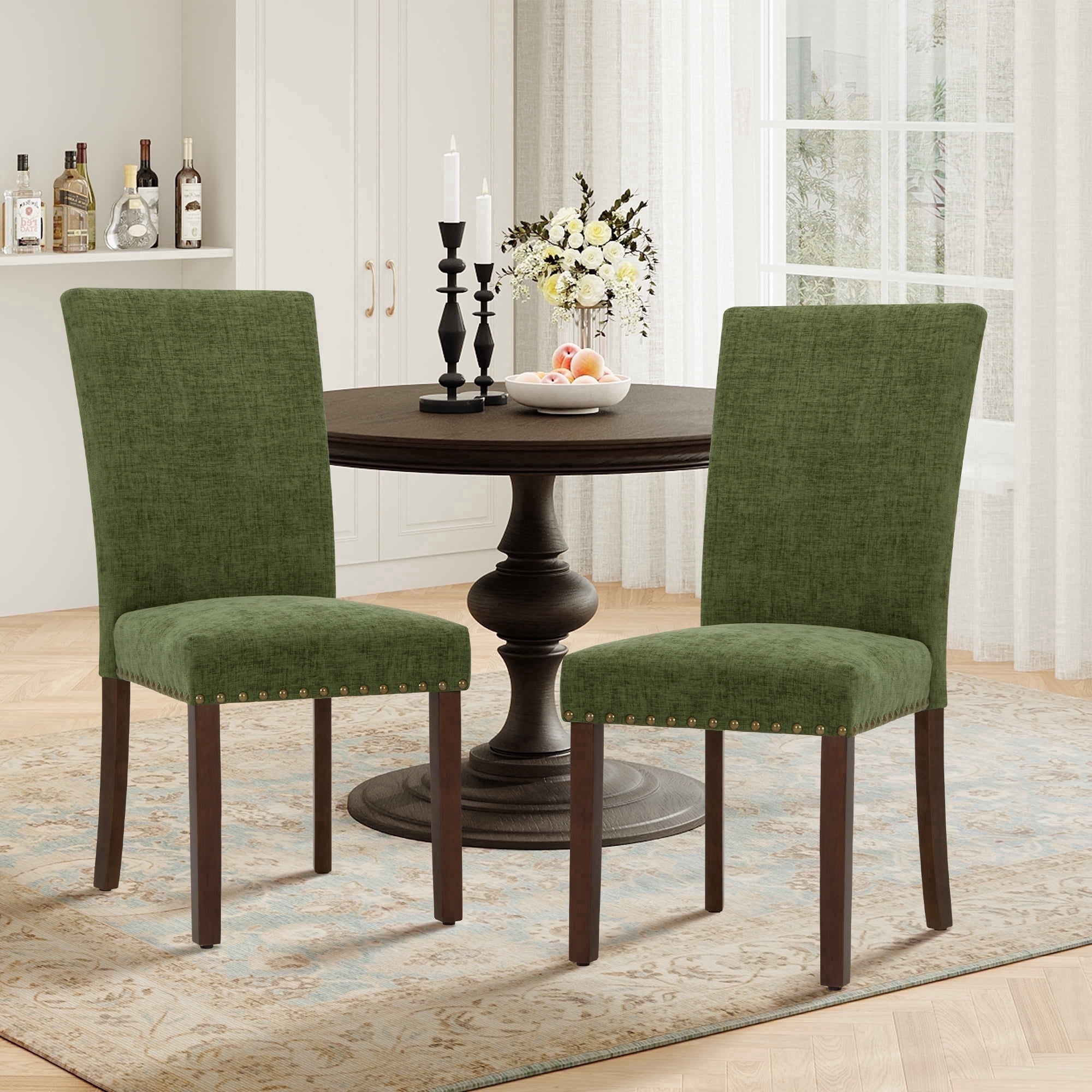 Mid-Century Fabric Dining Chairs Set of 2 with Nailhead Detail and Wooden Legs, Upholstered Side Chairs for Kitchen and Dining Room – Green