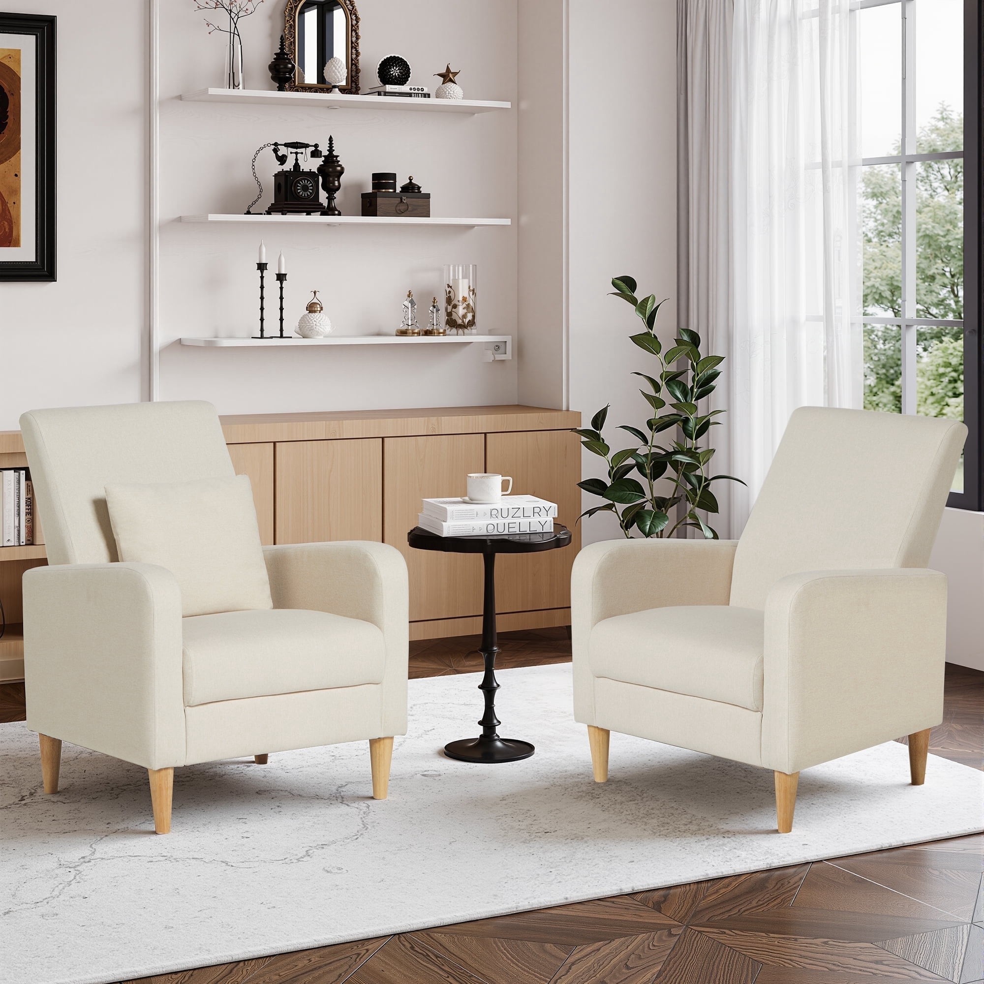 Single Sofa Armchair(Set of 2) — Upholstered Lounge Seat with Removable Pillow and Sturdy Wood Legs, Beige