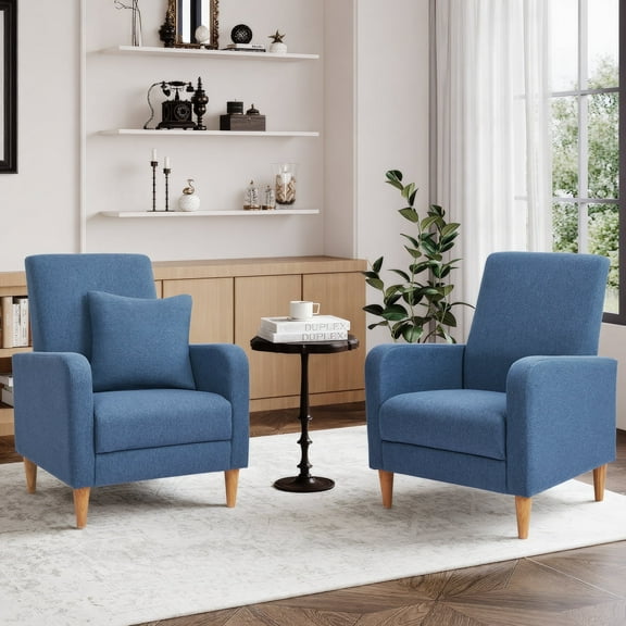 Single Sofa Armchair(Set of 2) — Upholstered Lounge Seat with Removable Pillow and Sturdy Wood Legs, Blue