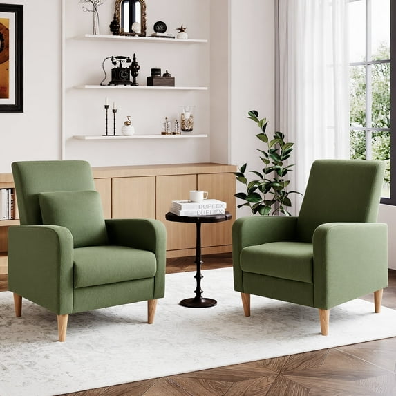 Single Sofa Armchair(Set of 2) — Upholstered Lounge Seat with Removable Pillow and Sturdy Wood Legs, Green