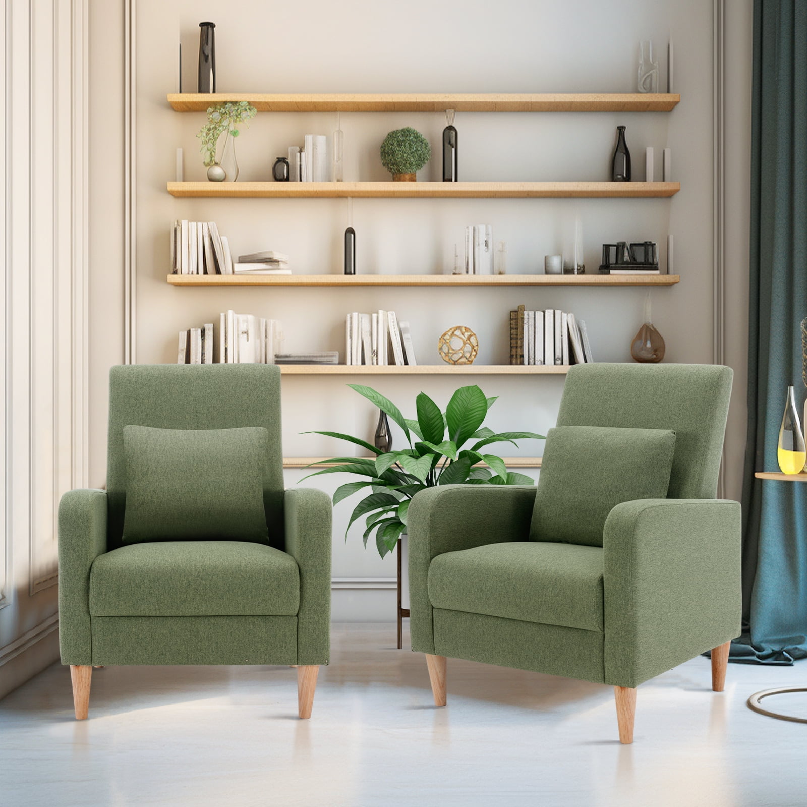 Single Sofa Armchair(Set of 2) — Upholstered Lounge Seat with Removable Pillow and Sturdy Wood Legs, Green