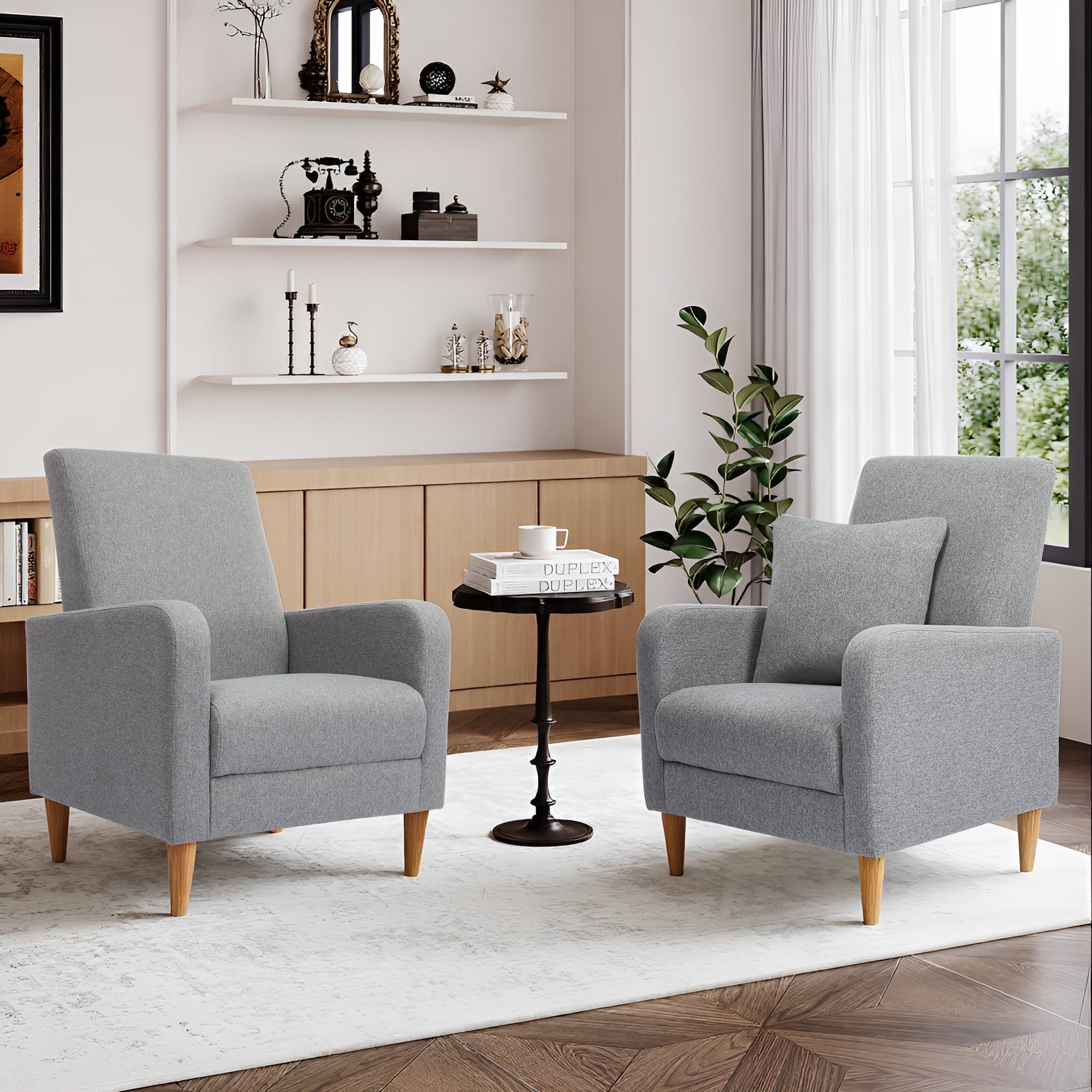 Single Sofa Armchair(Set of 2)  Upholstered Lounge Seat with Removable Pillow and Sturdy Wood Legs, Grey
