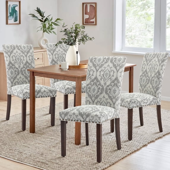 Fabric Dining Chairs Set of 4 with Nailhead Detail and Wooden Legs, Upholstered Side Chairs for Kitchen and Dining Room – Grey/Blue Flower