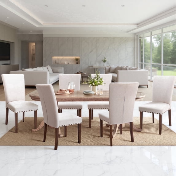 Mid-Century Fabric Dining Chairs Set of 6 with Nailhead Detail and Wooden Legs, Upholstered Side Chairs for Kitchen and Dining Room – Beige