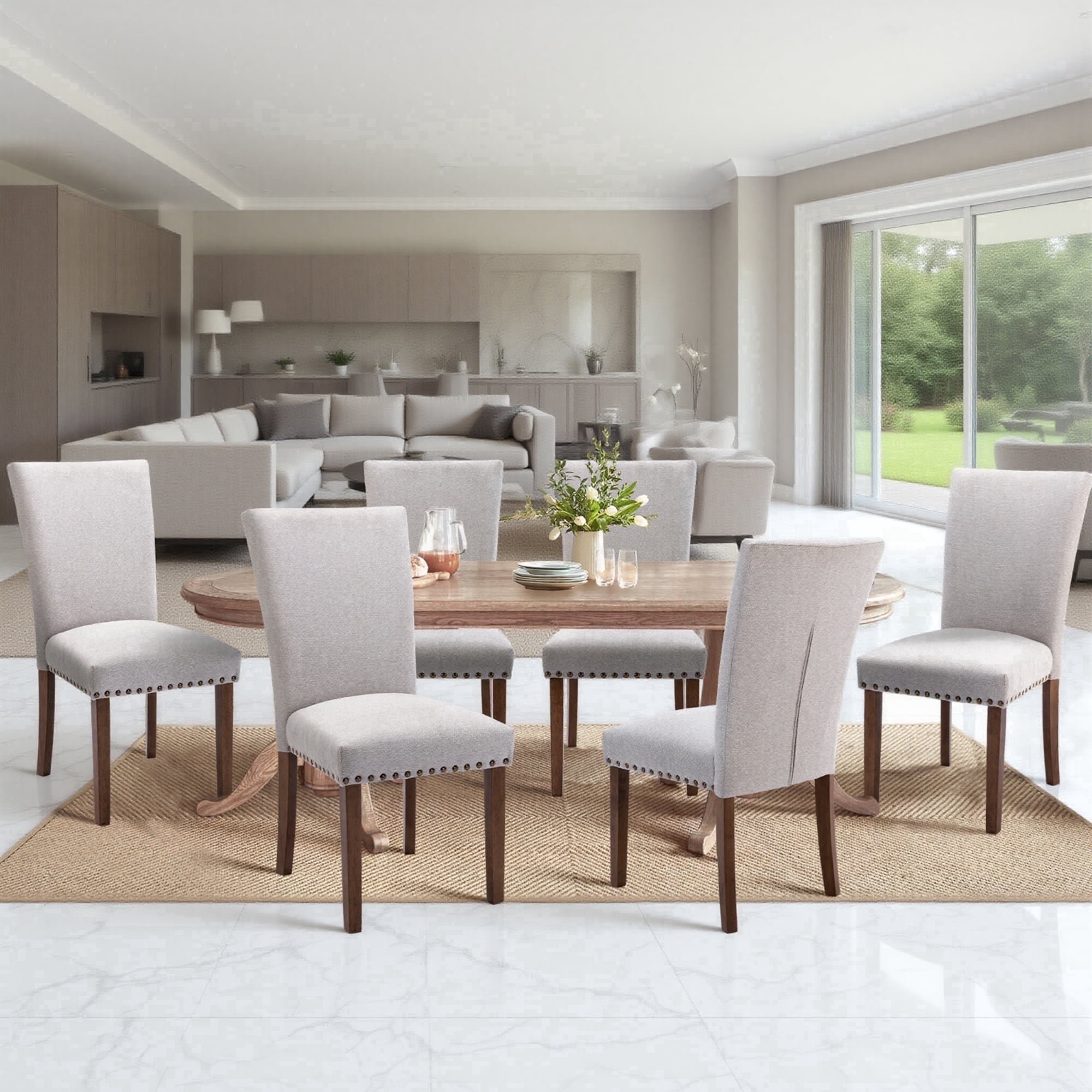 Mid-Century Fabric Dining Chairs Set of 6 with Nailhead Detail and Wooden Legs, Upholstered Side Chairs for Kitchen and Dining Room – Lightgrey