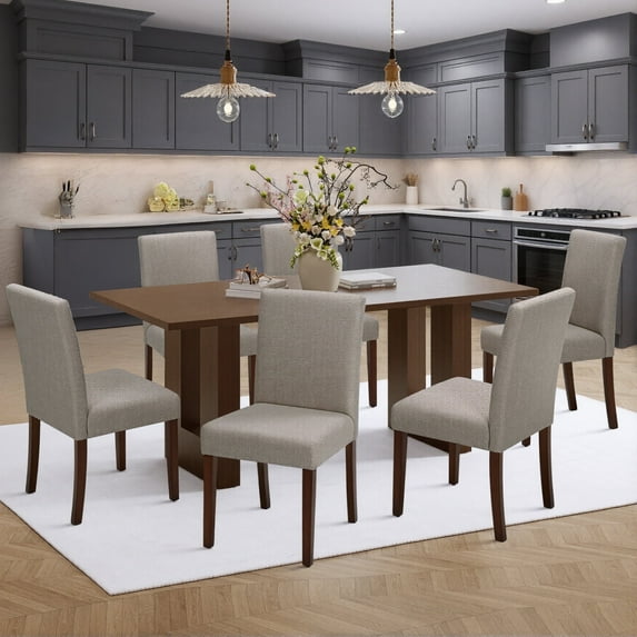 COLAMY Set of 6 Upholstered Fabric Dining Chairs with Wood Legs, Modern Parsons Chairs with High Back for Kitchen, Dining Room, or Restaurant, Brown