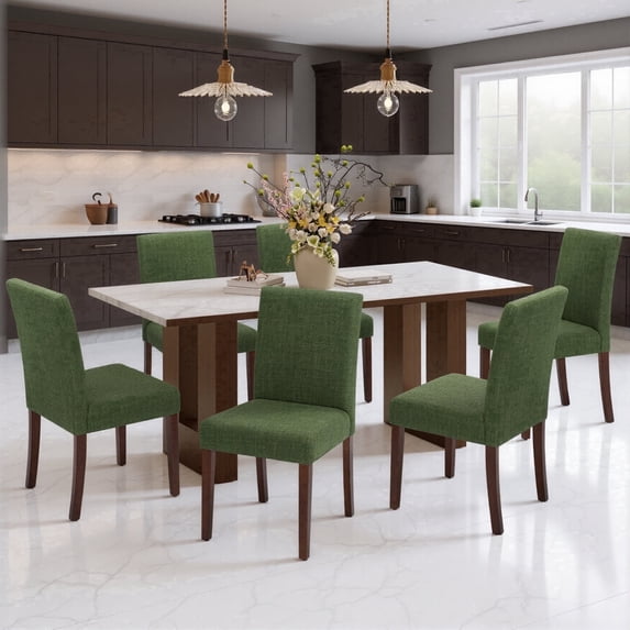 Upholstered Fabric Dining Chairs Set of 6 with Wood Legs, Modern Parsons Chairs with High Back for Kitchen, Dining Room, or Restaurant, Green