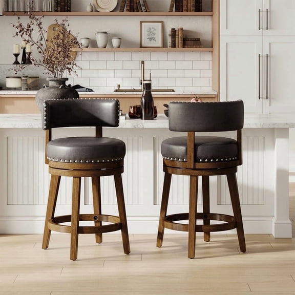 COLAMY Swivel Bar Stools Set of 2, 25 Inch Counter Height Stools, Modern Upholstered Wood Bar Chairs with Back for Kitchen Island Dining Room Bar, Fits 34-40" Height, Dark Brown