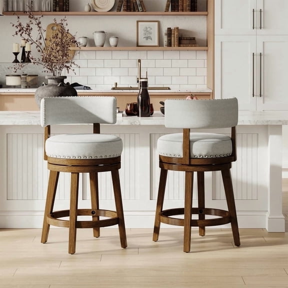 COLAMY Swivel Bar Stools Set of 2, 25 Inch Counter Height Stools, 300 lbs Capacity, Modern Upholstered Wood Bar Chairs with Back for Kitchen Island, Fits 34-40" Height, Beige