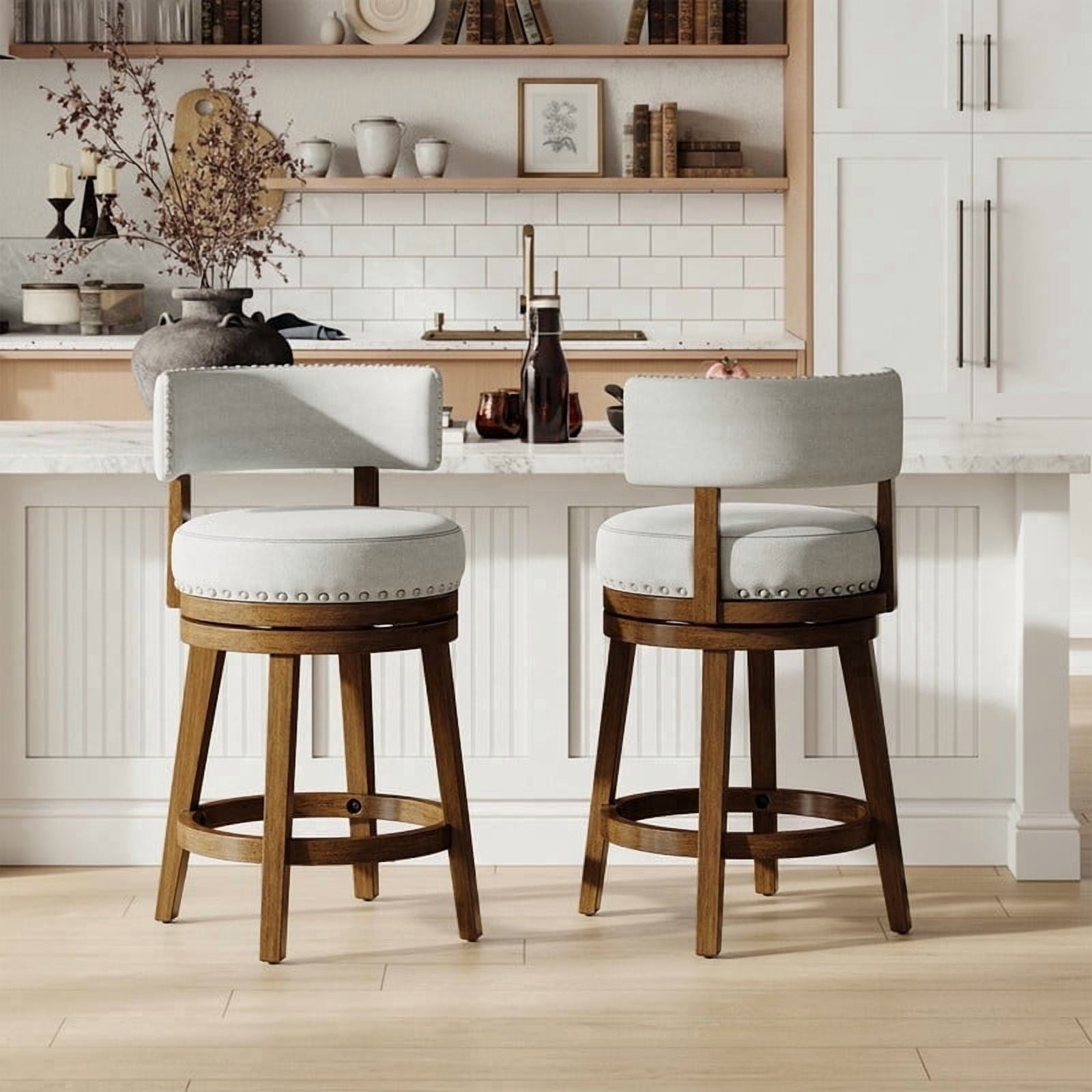 COLAMY Swivel Bar Stools Set of 2, 25 Inch Counter Height Stools, Modern Upholstered Wood Bar Chairs with Back for Kitchen Island Dining Room Bar, Fits 34-40" Height, Beige