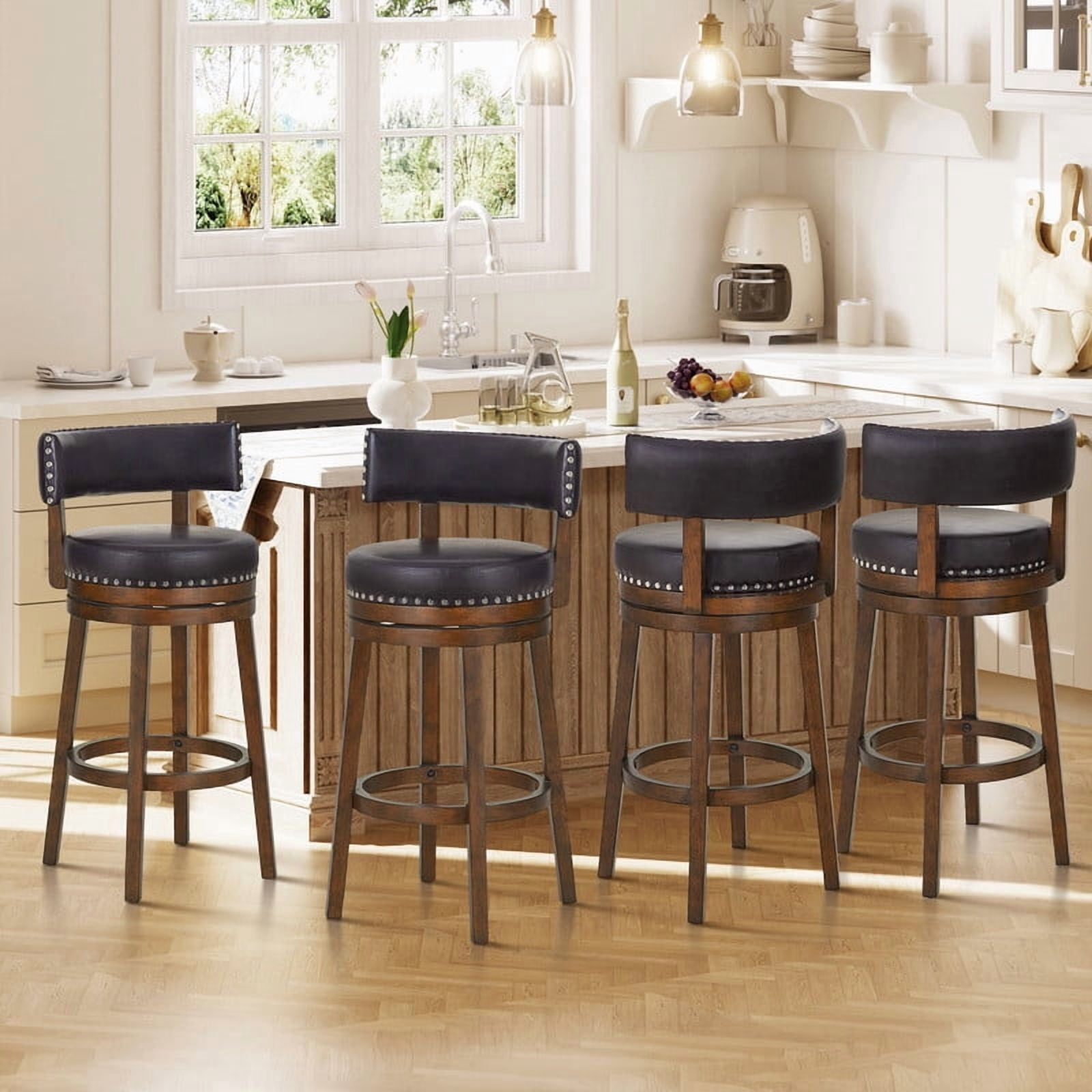 COLAMY Swivel Bar Stools Set of 4, 25 Inch Counter Height Stools, Modern Upholstered Wood Bar Chairs with Back for Kitchen Island Dining Room Bar, Fits 34-40" Height, Dark Brown
