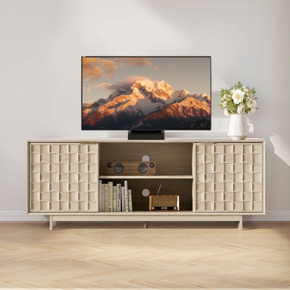 AFO TV Stand for up to 65" TVs, Entertainment Center 59" with Adjustable Shelves and Storage, Mid-Century Modern TV Stand , Media Console Cabinet, Oak