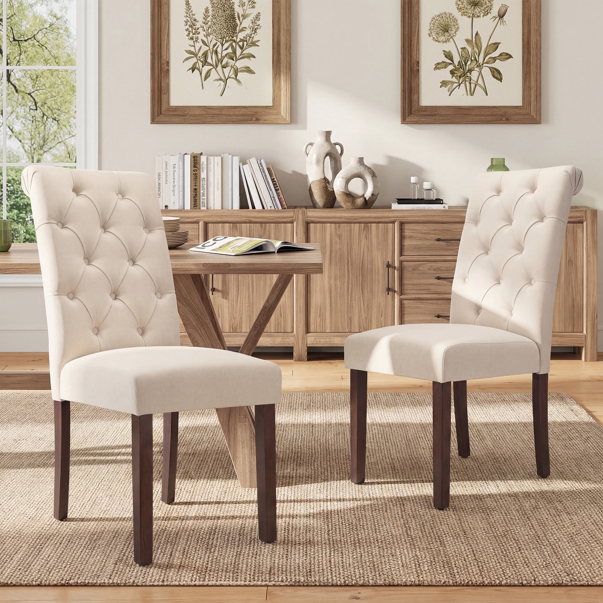 Upholstered Parsons Dining Chairs Set of 2, Button Tufted High Back Kitchen Side Chair for Dining Room, Beige