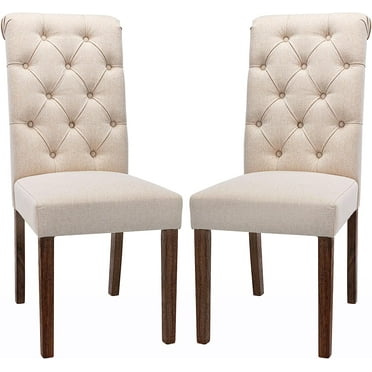 COLAMY Tufted Dining Room Chairs Set of 2, Accent Parsons Diner Chairs Upholstered Fabric Side Stylish Kitchen Chairs with Solid Wood Legs and Padded Seat - Beige