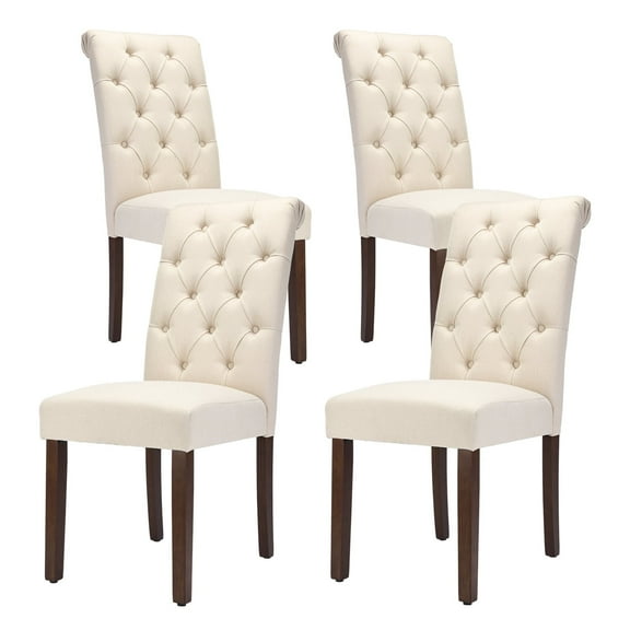 Upholstered Parsons Dining Chair Set of 4 with Rolled Back and Button Tufted Design,Beige