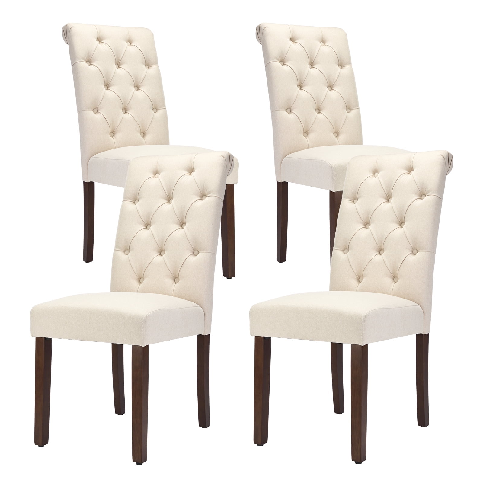 Beige Linen Upholstered Parsons Side Chair Set with Wood Legs