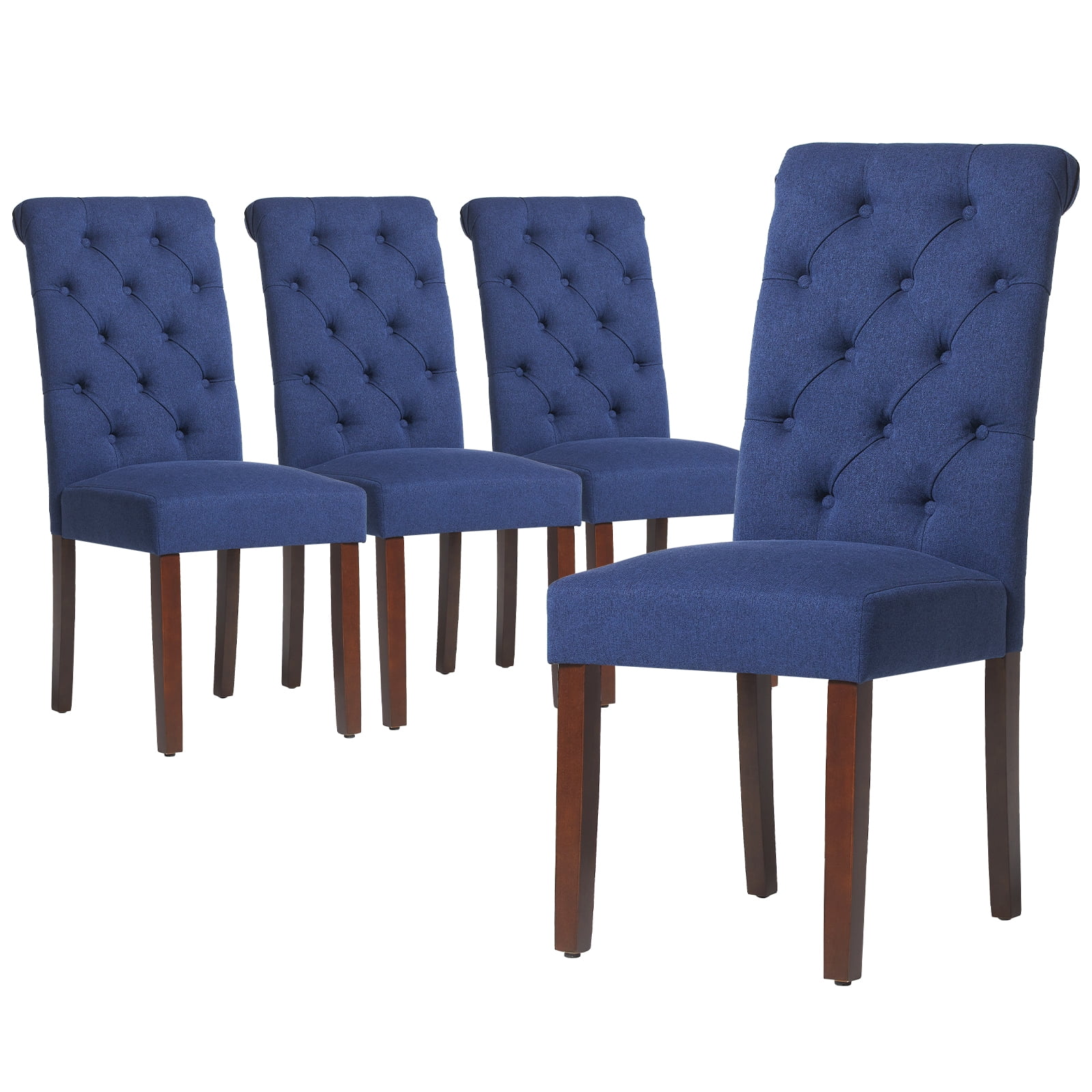 Dark Blue Linen Upholstered Parsons Side Chair Set with Wood Legs