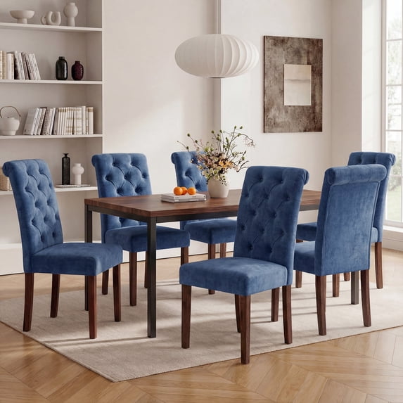 Upholstered Parsons Dining Chairs Set of 6, Button Tufted Kitchen Side Chair for Dining Room, Blue