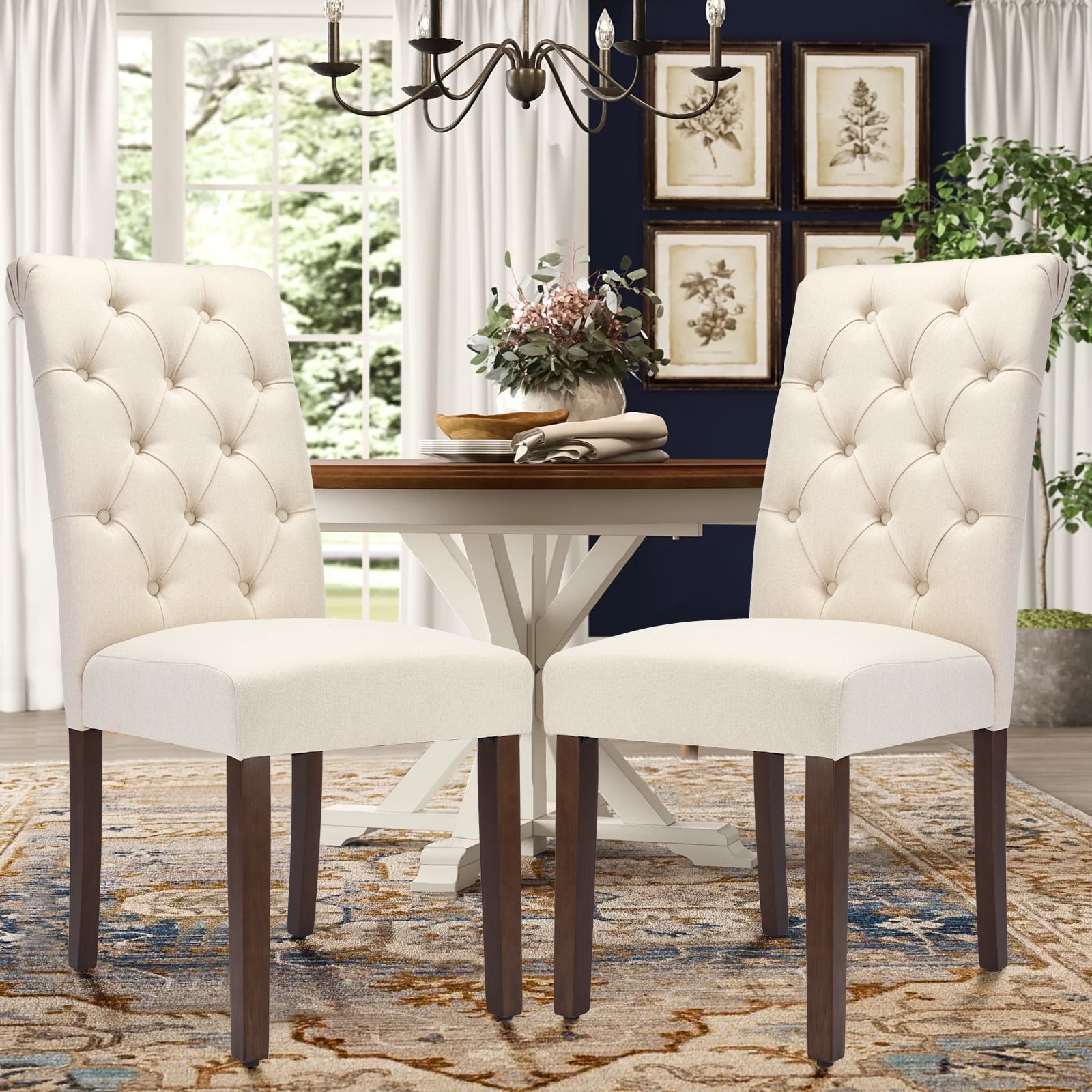 Beige Linen Upholstered High-Back Parsons Side Chair Set
