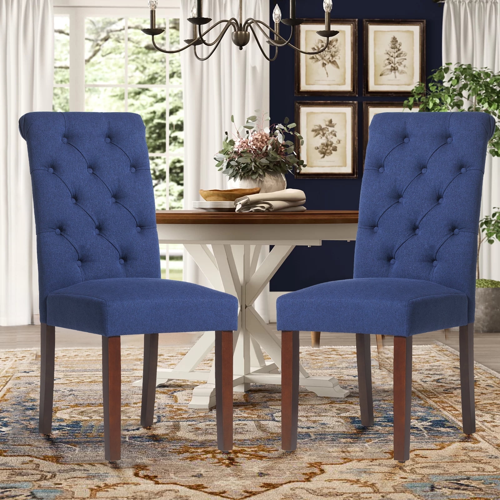 Dark Blue Linen Upholstered Parsons Side Chair, Set of 2