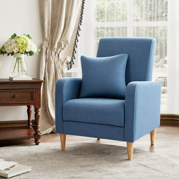Single Sofa Armchair — Upholstered Lounge Seat with Removable Pillow and Sturdy Wood Legs, Blue