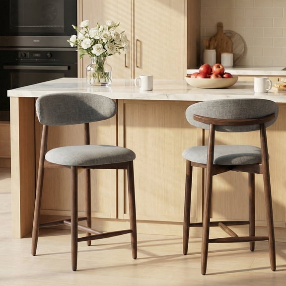 COLAMY Upholstered Counter Height Bar Stools Set of 2, Kitchen Island Stools with Back, Suitable for 34"-41" Table, Modern Counter Chairs with Wood Legs for Dining Room, Light Grey