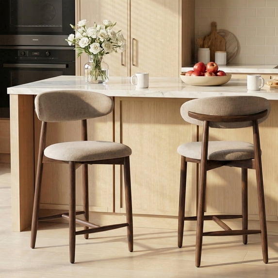 COLAMY Upholstered Counter Height Bar Stools Set of 2, Kitchen Island Stools with Back, Suitable for 34"-41" Table, Modern Counter Chairs with Wood Legs for Dining Room, Camel