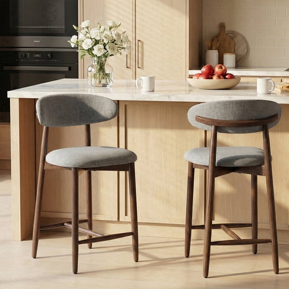 COLAMY Upholstered Counter Height Bar Stools Set of 2, Kitchen Island Stools with Back, Suitable for 34"-41" Table, Modern Counter Chairs with Wood Legs for Dining Room, Light Grey