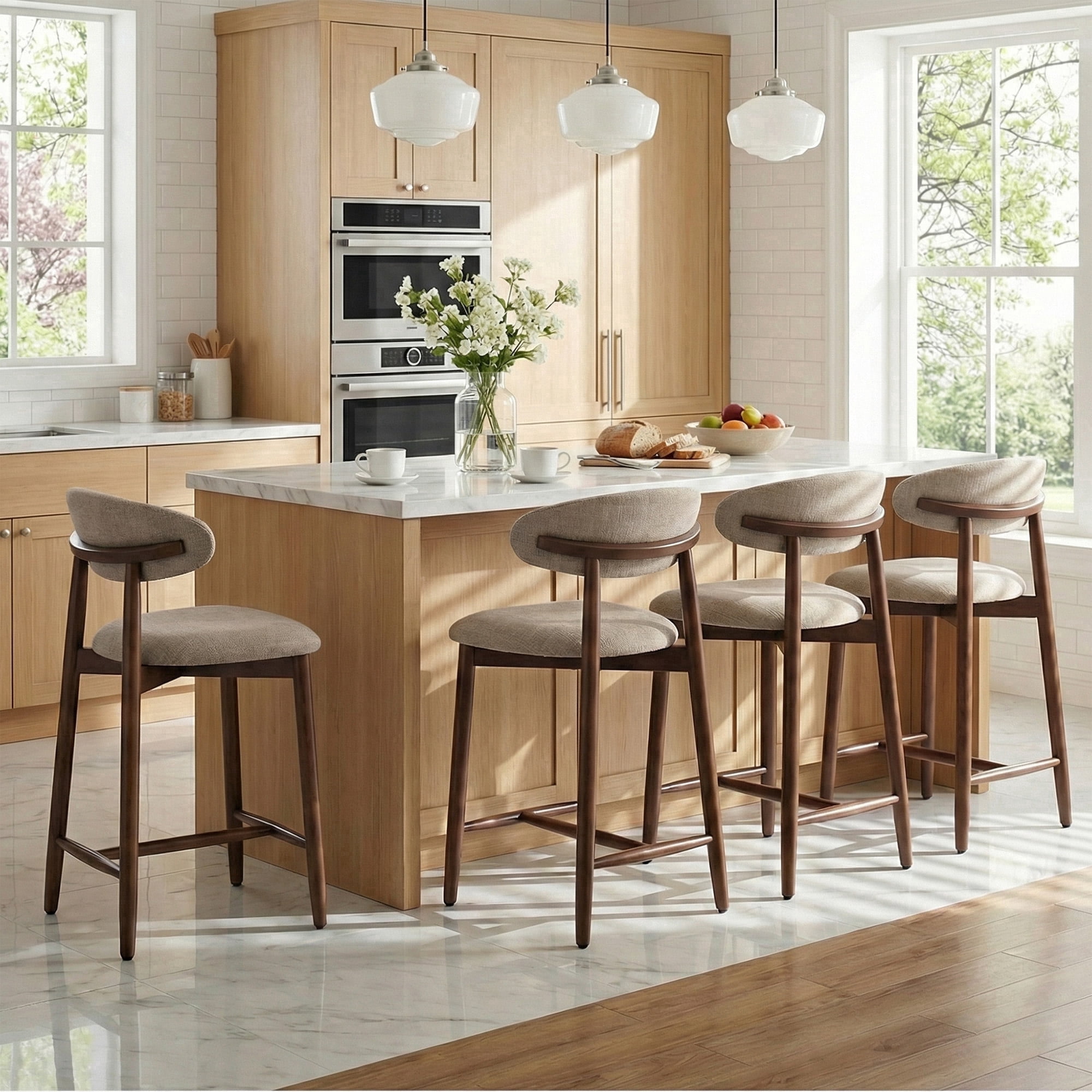 COLAMY Upholstered Counter Height Bar Stools Set of 4, Kitchen Island Stools with Back, Suitable for 34"-41" Table, Modern Counter Chairs with Wood Legs for Dining Room, Camel