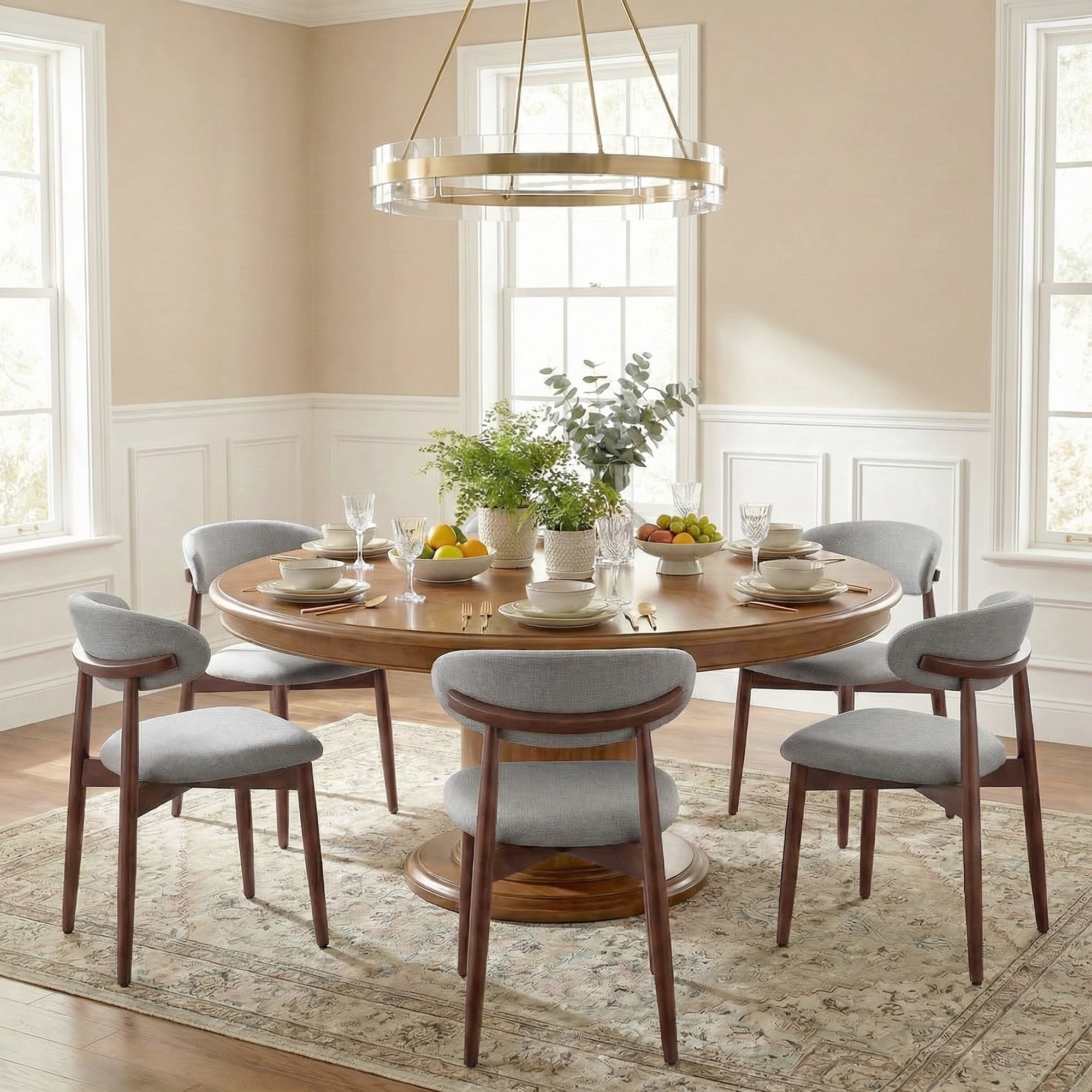 Set of 6 Upholstered Modern Dining Chair, Wooden Kitchen Side Chair for Dining Room and Café, Lightgrey